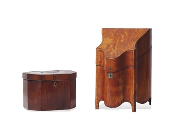 A Federal Serpentine Front Inlaid Mahogany Knife Box And Inlaid Tea Caddy