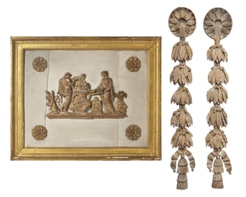 A Painted Panel With Applied Neo-Classical Figures And Pair Of Carved Wood Garlands
