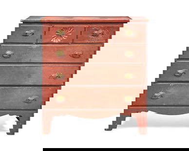 A Chippendale Carved And Red-Painted Chest Of Drawers: A Chippendale Carved And Red-Painted Chest Of Drawers Connecticut, Late 18th Century with three short drawers, the center drawer carved with rosette, over three graduated long drawers, shaped apron an