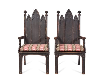 A Pair Of Painted Gothic Revival Carved Oak Armchairs