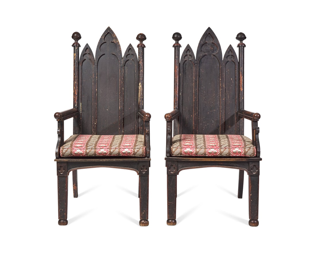 A Pair Of Painted Gothic Revival Carved Oak Armchairs: A Pair Of Painted Gothic Revival Carved Oak Armchairs Circa 1880 with custom-fitted cushions. Height 45 x width 23 x depth 23 inches. Provenance: James Abbe, Jr., Oyster Bay, New York, The Collection