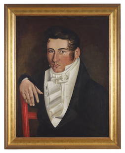 American School 19th Century, Portrait Of A Young Man In A Red-Painted Chair: American School 19th Century, Portrait Of A Young Man In A Red-Painted Chair oil on canvas, framed. 25 3/4 x 19 1/2 inches (sight), 30 1/2 in. x 24 1/2 in. (frame). Provenance: A Massachusetts collect