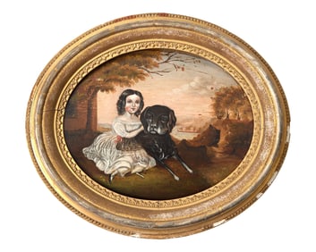 American School 19th Century, A Portrait Of A Young Girl With Dog