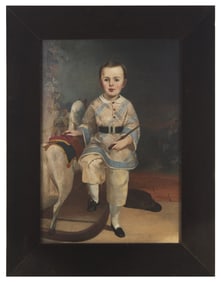 American School 19th Century, Portrait Of A Young Boy With Whip And Rocking Horse