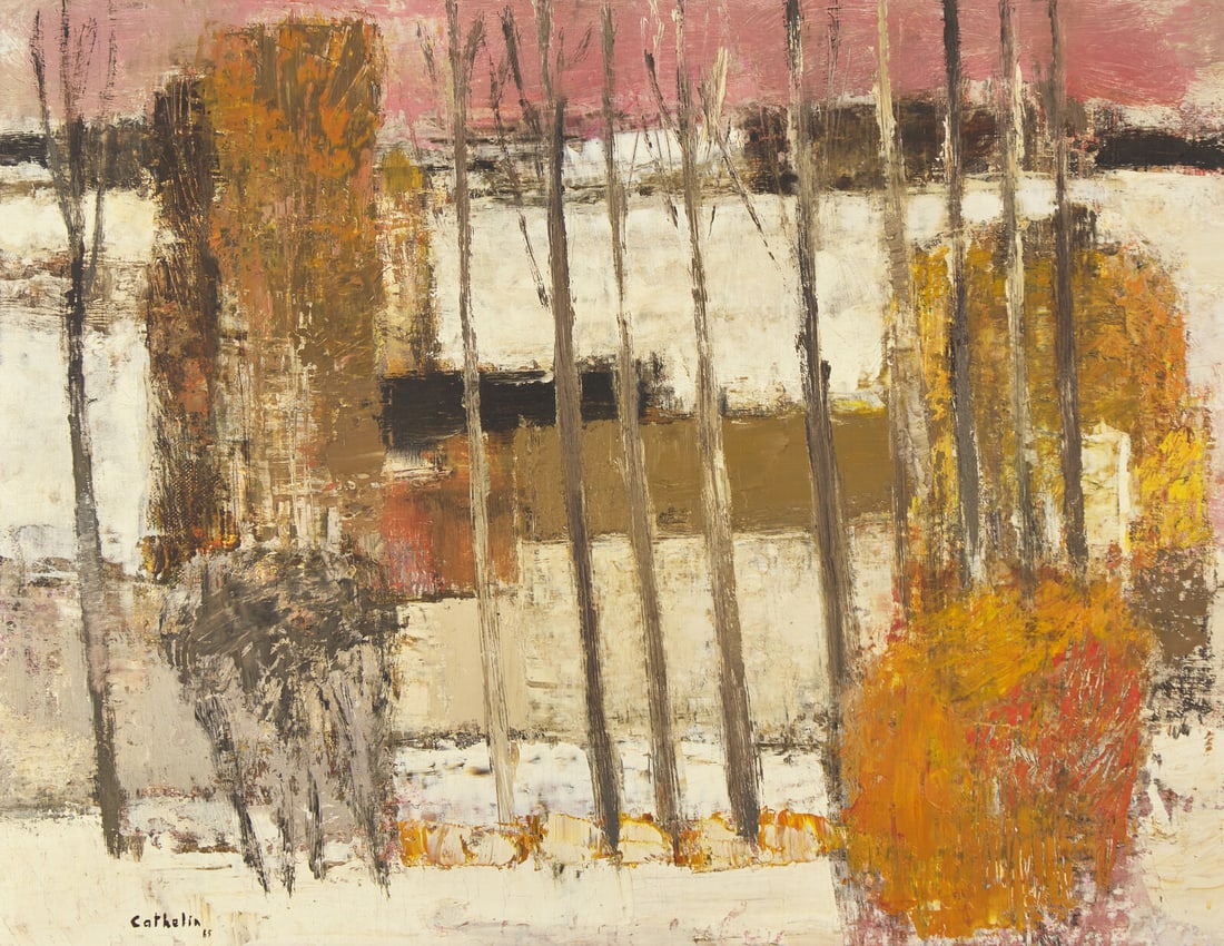 Bernard Cathelin (French, 1919-2004) Ferme Près de Dammartin en Hiver, 1965: Bernard Cathelin (French, 1919-2004) Ferme Près de Dammartin en Hiver, 1965 oil on canvas signed Cathelin and dated (lower left); signed again, dated Mars 1965, and titled (verso) 19 3/4 x 25 1/2