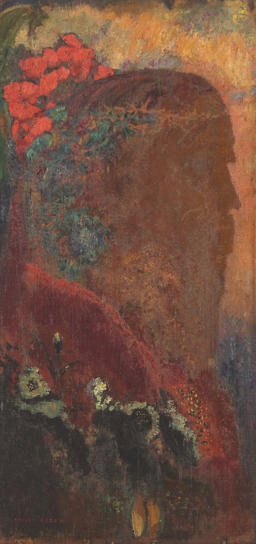 Odilon Redon (French, 1840-1916) Profil d'Ombre Parmi les Fleurs, c. 1908-1914: Odilon Redon (French, 1840-1916) Profil d'Ombre Parmi les Fleurs, c. 1908-1914 oil on panel signed Odilon Redon (lower left) 22 x 10 1/2 in. (55.9 x 26.7cm) Property from the Collection of Dr. Hagelin