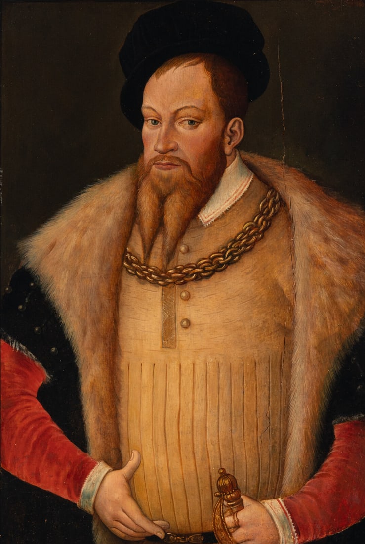 Follower of Lucas Cranach the Younger (German, 1415-1586) Portrait of a Nobleman, Possibly Duke: Follower of Lucas Cranach the Younger (German, 1415-1586) Portrait of a Nobleman, Possibly Duke Augustus of Saxony oil on panel 20 3/4 x 14 1/4 in. (52.7 x 36.2cm) This lot is located in Chicago. Prov