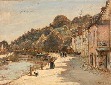 Jean-François Raffaëlli (French, 1850-1924) Figures on a Quai Beside a River and Village (1 of 3)