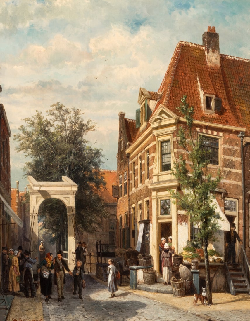 Cornelis Springer (Dutch, 1817-1891) ?A Busy Street in Weesp, 1887: Cornelis Springer (Dutch, 1817-1891) ?A Busy Street in Weesp, 1887 oil on panel signed C Springer and dated (lower left); also inscribed in ink with artist's seal on paper label (on the reverse) 19 3/