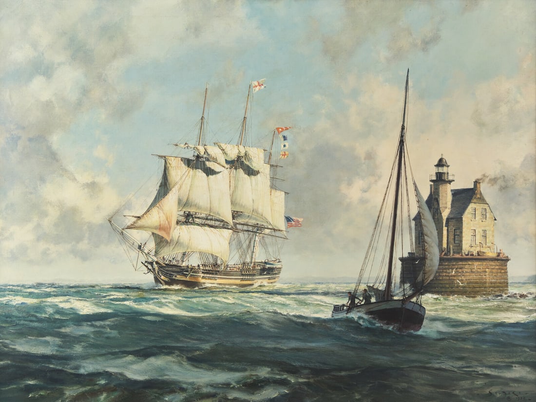 John Stobart (British, 1929-2023) Packet Ambassador Rounding Race Rock, 1972: John Stobart (British, 1929-2023) Packet Ambassador Rounding Race Rock, 1972 oil on canvas signed Stobart and dated (lower right) 30 x 40 in. (76.2 x 101.6cm) This lot is located in Philadelphia. Prov
