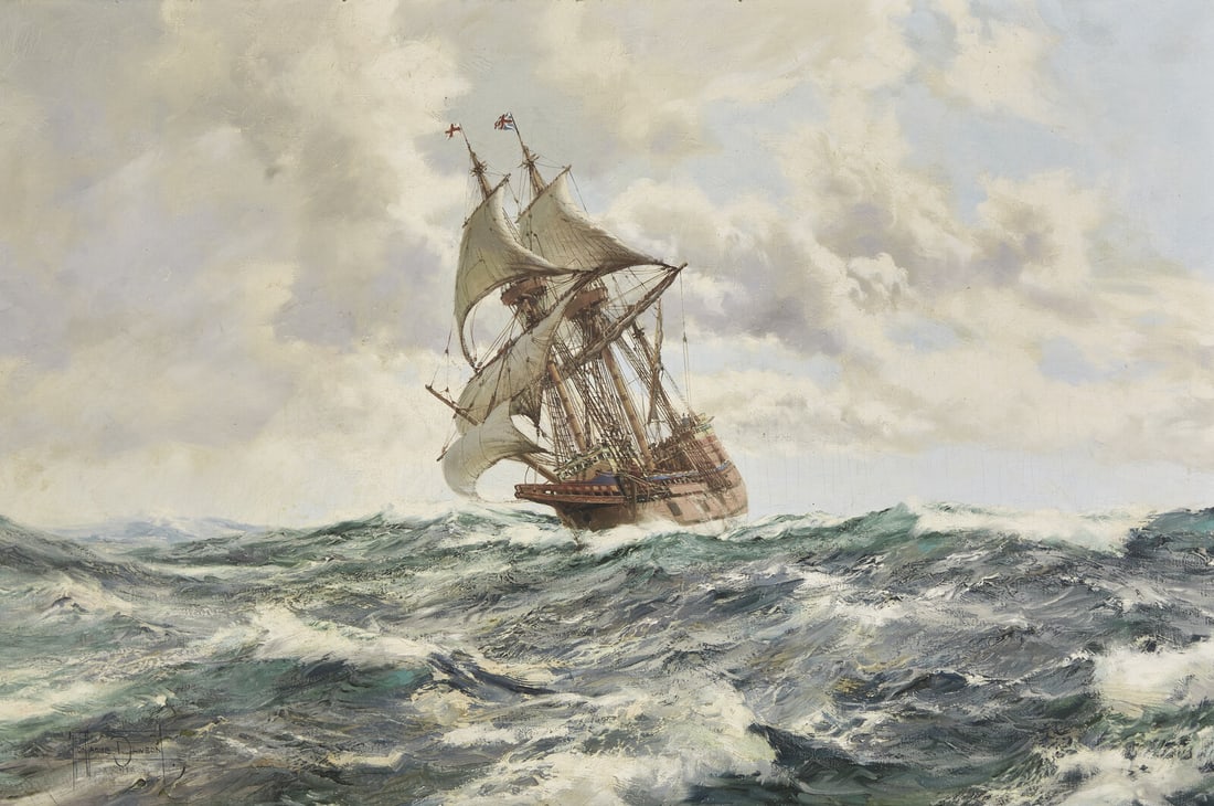 Montague Dawson (British, 1890-1973) The Mayflower II: Montague Dawson (British, 1890-1973) The Mayflower II oil on canvas signed Montague Dawson (lower left) 28 x 42 in. (61 x 106.7cm) This lot is located in Philadelphia. Provenance: Commissioned from th
