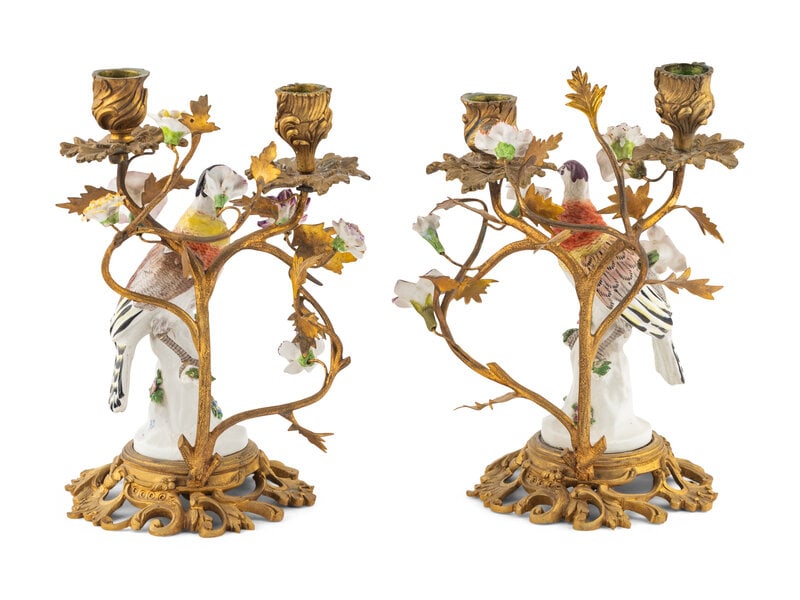 A Pair of Gilt Bronze and Meissen Porcelain Mounted Two-Light Candelabra  (1 of 2)