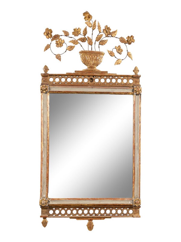An Italian Painted and Parcel-Gilt Mirror: An Italian Painted and Parcel-Gilt Mirror 19th/20th Century Height 50 1/2 x width 23 inches. This lot is located in Chicago. Condition Lacking one