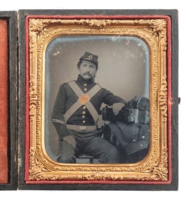 [CIVIL WAR]. Sixth plate ruby ambrotype portrait of a 71st New York State Militia private posed in
