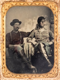 [CIVIL WAR]. Quarter plate tintype featuring a playful portrait of identified 7th Iowa Infantry pard