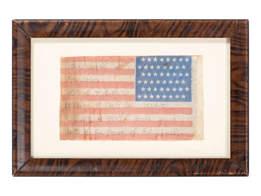 [FLAGS]. 48-Star baseball game flag with detailed inscription. Maine, Ca 1903. (1 of 3)