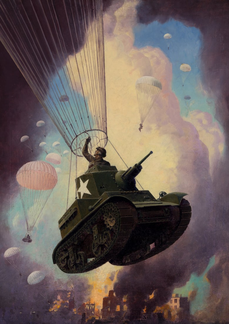 LEYDENFROST, Alexander (1888-1961).  Tank Paratroopers Fly into Combat. c. 1943. (1 of 2)
