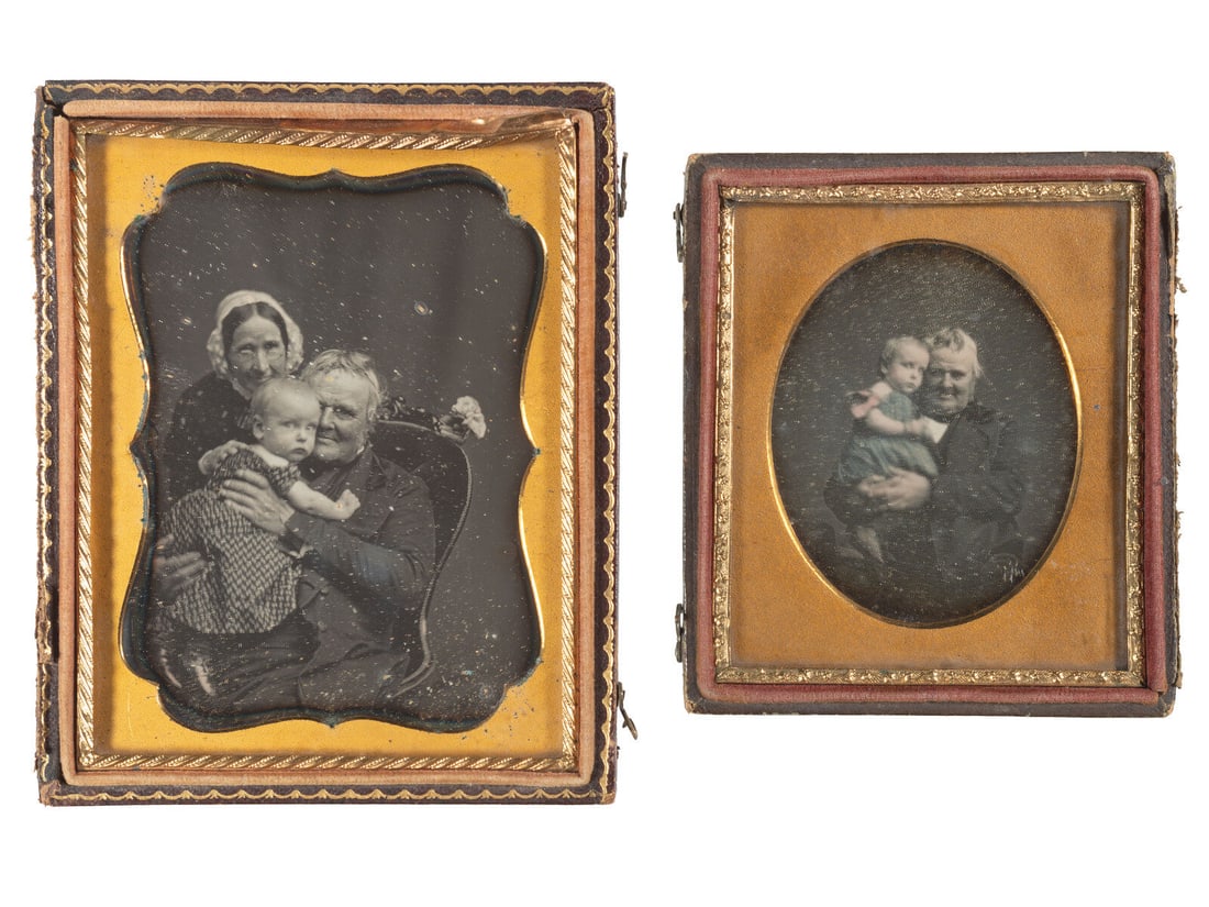 [EARLY PHOTOGRAPHY]. A pair of charming daguerreotypes of an elderly gentleman holding a baby.: [EARLY PHOTOGRAPHY]. A pair of charming daguerreotypes of an elderly gentleman holding a baby. Quarter plate daguerreotype of a delightful trio, including an older gentleman sitting in an upholstered 