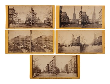 [EARLY PHOTOGRAPHY]. Series of 5 stereoviews capturing Broadway. New York: S. A. Holmes, 1865-66.