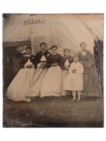 [EARLY PHOTOGRAPHY]. Tintype featuring a group of women standing outside of a Civil War