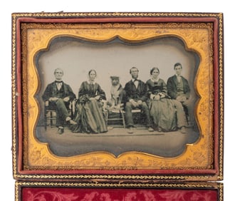 [EARLY PHOTOGRAPHY]. Quarter plate ambrotype portrait of a group of 5 people and their dog.