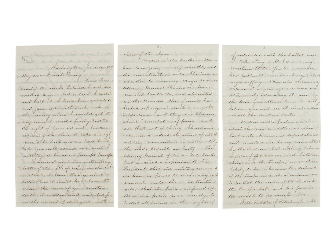 [RECONSTRUCTION -- AFRICAN AMERICAN SUFFRAGE]. Detailed letter regarding the John Surratt trial, (1 of 3)