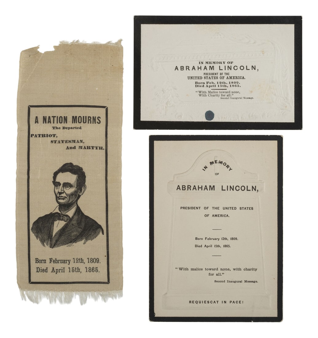[LINCOLN FUNERAL]. A group of 3 items mourning the loss of Lincoln, incl. silk ribbon and printed (1 of 2)