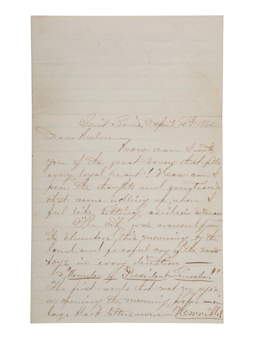 [LINCOLN ASSASSINATION]. Letter from Allen Houghton, paymaster of the western branch of the Union (1 of 4)