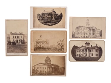 [LINCOLN FUNERAL]. 6 CDVs of Lincoln memorial services and buildings draped in mourning, incl. the