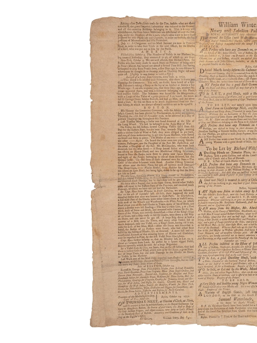 [GREAT SOUTH CAROLINA HURRICANE]. The Boston Evening Post. Boston, MA: T. Fleet, 16 October 1752. (1 of 2)