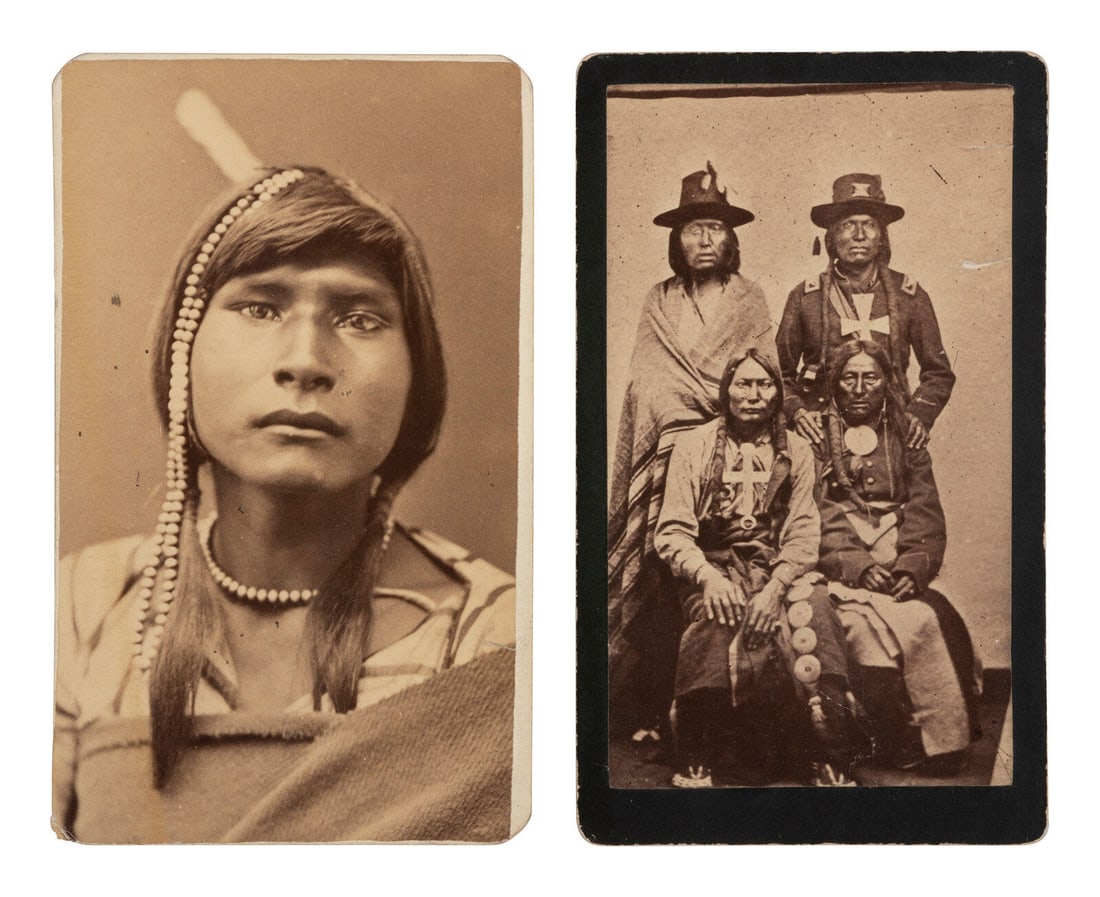 [NATIVE AMERICANS]. 3 CDVs of Native American subjects, highlighted by view of Kiowa Indians. (1 of 4)