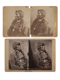 [NATIVE AMERICANS]. Two stereoviews of Ute Chief Honkapkna, or “Honko” wearing the