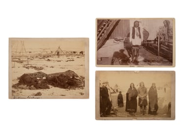 [INDIAN WARS]. Three photographs taken at Pine Ridge Agency, SD, featuring Wounded Knee view and