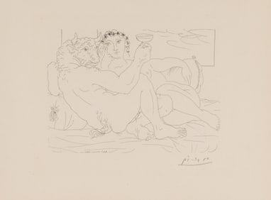 Pablo Picasso (Spanish, 1881-1973) Minotaure, une coupe à la main, et jeune femme (from La