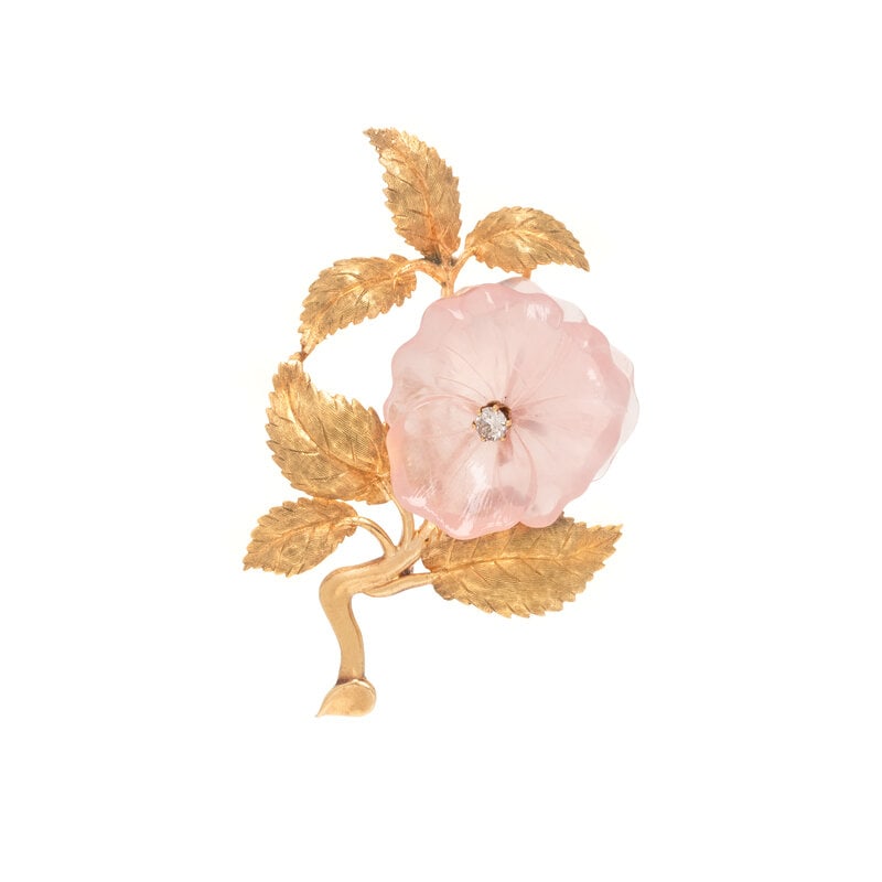 YELLOW GOLD, ROSE QUARTZ, AND DIAMOND FLOWER BROOCH/PENDANT (1 of 2)