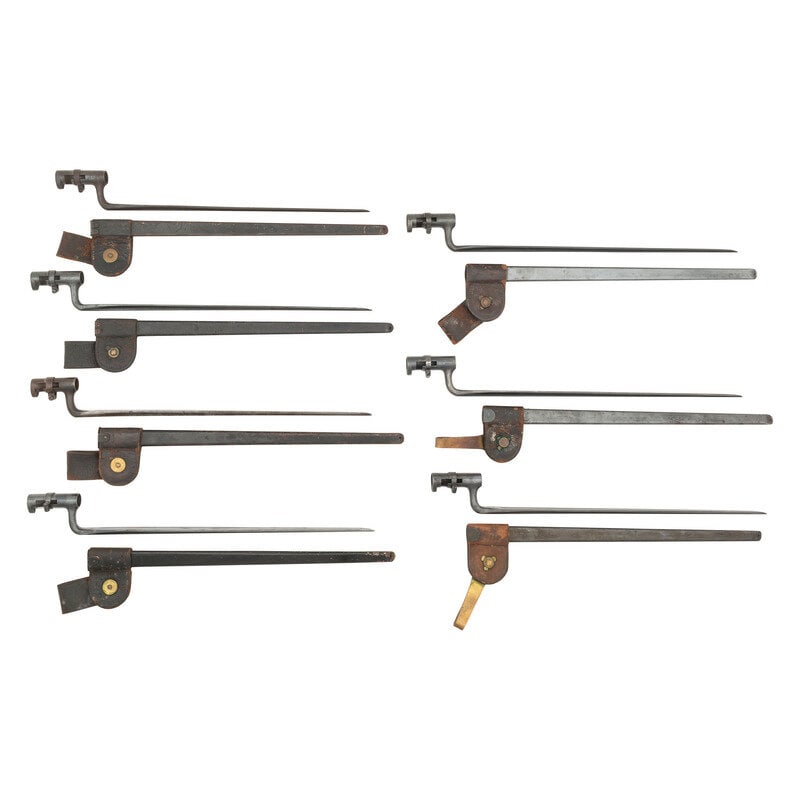 Six US Model 1873 Trapdoor Rifle Socket Bayonets with Scabbards and One Remington No. 1 Bayonet with: Six US Model 1873 Trapdoor Rifle Socket Bayonets with Scabbards and One Remington No. 1 Bayonet with Scabbard 1-4.) Lot of Four Model 1873 bayonets with 3" sockets, 18" blade lengths, 21" overall leng