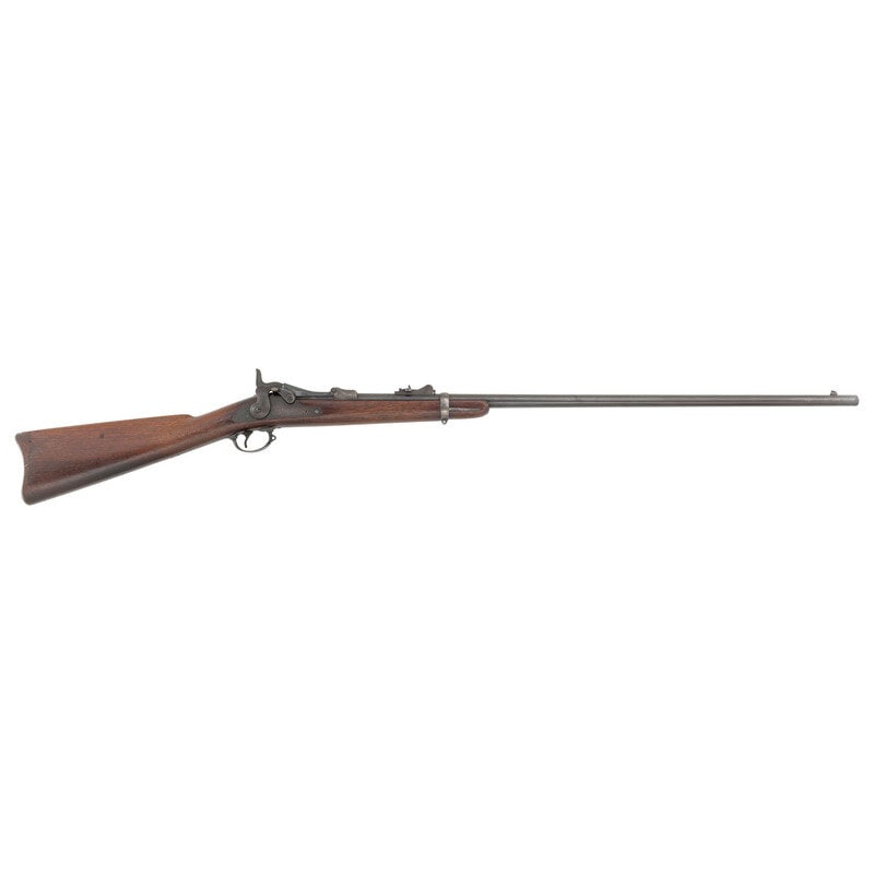 Sporterized and Composite Springfield Model 1879 Trapdoor Rifle: Sporterized and Composite Springfield Model 1879 Trapdoor Rifle .45-70. 32.625" barrel. SN: 118248 (mfg. ca. 1879). Blued and color casehardened finish, walnut stock. Single shot breechloading "trapdo