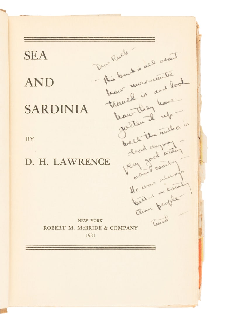 [HEMINGWAY, Ernest (1899-1961)]. LAWRENCE, David Herbert (1885-1930). Sea and Sardinia. New York:: [HEMINGWAY, Ernest (1899-1961)]. LAWRENCE, David Herbert (1885-1930). Sea and Sardinia. New York: Robert M. McBride & Company, 1931. 8vo. Original brown cloth (original dust jacket in pieces and l