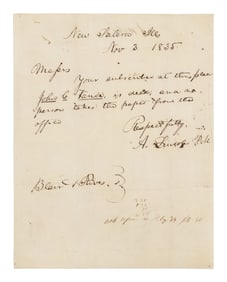Autograph letter signed ("A. Lincoln") as Postmaster, to Blair and Rives, 3 November 1835.
