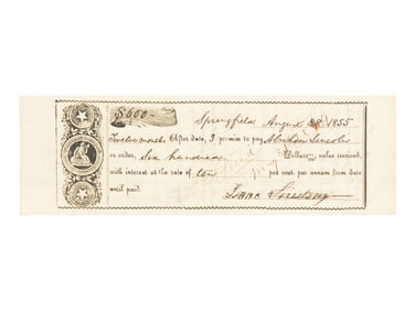 Partially printed promissory note. Springfield, Illinois, 28 August 1855.