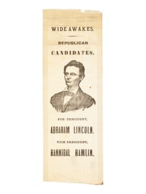 Lincoln and Hamlin Wide Awakes campaign ribbon, ca. 1860.