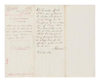 Autograph endorsement signed ("A. Lincoln"), to Simon Cameron, 13 November 1861.