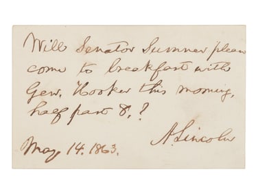 Autograph note signed ("A. Lincoln") to Charles Sumner, 14 May 1863.