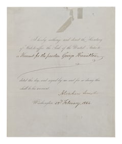 Partially printed document signed ("Abraham Lincoln"), a Pardon for George Hamilton, 23 February