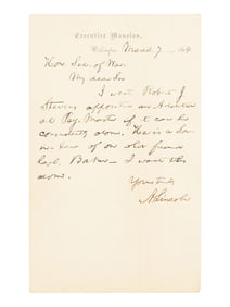 Autograph letter signed ("A. Lincoln") to Secretary of War Edwin Stanton. Washington, D.C., 7 March