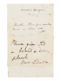 Autograph note signed ("AL") to Mary Todd Lincoln, regarding Tad's toys, 20 May 1864.