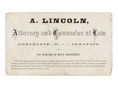 Lincoln and Johnson Campaign satirical business card, 1864.
