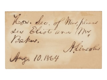 Autograph note signed ("A. Lincoln") to Edwin Stanton, 10 August 1864.