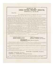 Printed Broadside announcing the establishment of the Lincoln National Monument Association, 26