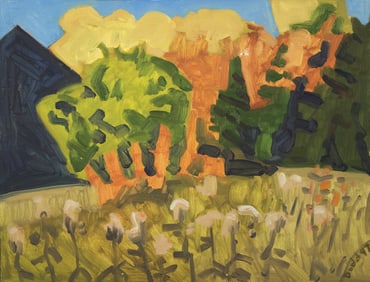 Lois Dodd (American, b. 1927) October Barn + Trees Afternoon, 1997